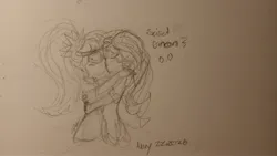 Size: 4080x2296 | Tagged: safe, artist:wild180, derpibooru import, sci-twi, sunset shimmer, twilight sparkle, human, equestria girls, g4, blushing, clothes, commission, eyes closed, female, glasses, holding, image, jacket, jpeg, kiss on the lips, kissing, leather, leather jacket, lesbian, ponytail, scitwishimmer, shipping, sketch, sunsetsparkle