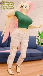 Size: 2160x3840 | Tagged: safe, artist:coceyx, derpibooru import, fluttershy, anthro, plantigrade anthro, g4, 3d, anklet, belly, belly button, blender, breasts, cleavage, clothes, couch, deviantart, dialogue, female, flip-flops, image, indoors, jewelry, living room, long mane, meta, mobile phone, nail polish, nails, not sfm, pants, pegasus wings, phone, pink nail polish, pixiv, png, ripped pants, sandals, shirt, shoes, short sleeves, smartphone, telegram, toenail polish, toenails, torn clothes, wings, xitter