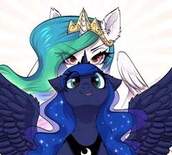 Size: 1990x1790 | Tagged: safe, artist:avrameow, derpibooru import, princess celestia, princess luna, alicorn, pony, g4, :p, alicorn eclipse, cute, duo, duo female, ear fluff, eclipse, eye clipping through hair, female, floppy ears, fluffy, image, lidded eyes, looking at you, lunabetes, mare, neck fluff, png, royal sisters, serious, serious face, shoulder fluff, siblings, silly, silly face, silly pony, sisters, smiling, solar eclipse, spread wings, tongue out, wing fluff, wings
