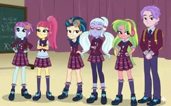 Size: 1080x676 | Tagged: safe, ai generated, edit, generator:gemini, screencap, indigo zap, lemon zest, skyline shores, sour sweet, sugarcoat, sunny flare, equestria girls, friendship games, accurate, chalkboard, clothes, crystal prep academy uniform, duo, image, jpeg, low effort, male, school uniform, shadow five, shadow six, skirt, unamused