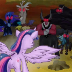 Size: 1026x1026 | Tagged: safe, artist:crispy_kelpy, artist:kelpy, derpibooru import, discord, king sombra, lord tirek, nightmare moon, queen chrysalis, twilight sparkle, twilight sparkle (alicorn), alicorn, pony, g4, cloud, fight, image, jpeg, red eyes