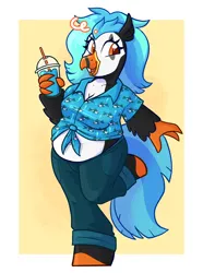Size: 2664x3573 | Tagged: safe, artist:slushpony, derpibooru import, oc, oc:icebeak, unofficial characters only, anthro, classical hippogriff, hippogriff, orca, unguligrade anthro, adorafatty, bbw, belly, chubby, clothes, denim, drink, fat, hawaiian shirt, holding, image, jeans, pants, png, raised leg, shirt, slushie, solo, straw