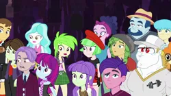 Size: 1078x604 | Tagged: safe, derpibooru import, edit, screencap, bright idea, bulk biceps, cherry crash, coral pink, derpy hooves, indigo wreath, mystery mint, paisley, peacock plume, sandalwood, scribble dee, skyline shores, sophisticata, starlight, teddy t. touchdown, watermelody, equestria girls, equestria girls series, rollercoaster of friendship, background human, confused, female, image, jpeg, male, marty brewster