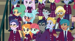 Size: 1079x597 | Tagged: safe, derpibooru import, edit, screencap, alizarin bubblegum, carlos thunderbolt, celery stalk, clayton potter, diwata aino, fleur de lis, frosty orange, garden grove, jet set, larry cooper, lemonade blues, melon mint, orange sherbette, pokey pierce, shining armor, trenderhoof, upper crust, equestria girls, friendship games, alizary, alumnus shining armor, angry, animation error, background human, clothes, crystal prep academy students, crystal prep academy uniform, female, image, jpeg, male, ruby red, school uniform, shipping, skirt, straight, upset