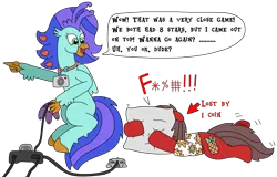 Size: 2826x1809 | Tagged: safe, artist:supahdonarudo, derpibooru import, oc, oc:ironyoshi, oc:sea lilly, unofficial characters only, classical hippogriff, hippogriff, unicorn, arrow, atg 2026, camera, censored, censored vulgarity, clothes, controller, dialogue, holding, horn, image, jewelry, lying down, mario party, necklace, newbie artist training grounds, nintendo 64, pillow, png, pointing, prone, screaming, shirt, simple background, sitting, speech bubble, super mario, swearing, talking, text, transparent background, video game console, vulgar