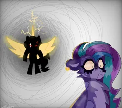 Size: 950x841 | Tagged: safe, artist:moudiac, derpibooru import, allura, sunny starscout, alicorn, big cat, leopard, snow leopard, g5, blue mane, duo, duo female, eye scar, facial scar, female, horn, image, jpeg, purple coat, purple mane, scar, scared, shadow, two toned mane, yellow magic