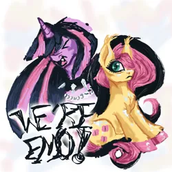 Size: 900x900 | Tagged: safe, artist:avtorpng, derpibooru import, fluttershy, twilight sparkle, pegasus, pony, unicorn, g4, choker, duo, duo female, eyes closed, female, horn, image, mare, meme, open mouth, png, spiked choker, unshorn fetlocks, we're emo, wingless