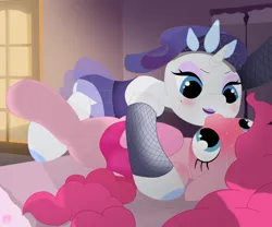 Size: 6000x5000 | Tagged: suggestive, artist:fskindness, derpibooru import, pinkie pie, rarity, g4, blushing, blushing profusely, clothes, dominant, female, femdom, fishnet clothing, fishnet gloves, gloves, image, lesbian, makeup, png, see-through, ship:raripie, shipping, sultry pose, sweat