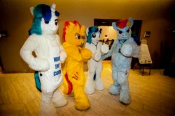 Size: 5616x3744 | Tagged: safe, derpibooru import, rainbow dash, spitfire, vinyl scratch, g4, 2013, fursuit, group, image, indoors, irl, jpeg, photo, ponysuit, quartet, trotcon
