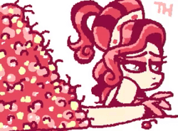 Size: 320x236 | Tagged: safe, artist:triadichues, derpibooru import, cherry jubilee, earth pony, pony, g4, animated, atg 2026, cherry, eyeshadow, female, food, frame by frame, gif, hoof on cheek, image, lidded eyes, looking away, makeup, mare, newbie artist training grounds, solo, squigglevision, tired