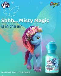 Size: 1080x1350 | Tagged: safe, derpibooru import, official, misty brightdawn, butterfly, insect, unicorn, g5, my little pony: make your mark, amazon, blue background, floral head wreath, flower, heart, horn, image, india, jpeg, looking at you, merchandise, perfume, simple background, smiling, smiling at you, standing