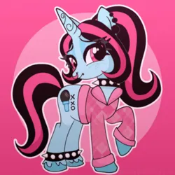Size: 1280x1280 | Tagged: safe, artist:p0nypocalypse, derpibooru import, oc, oc:sugar chord, unofficial characters only, unicorn, black mane, blue coat, choker, collar, horn, image, jpeg, pigtails, pink eyes, pink mane, spiked choker, spiked collar, striped mane, stud earrings, twintails, two toned mane, unicorn oc