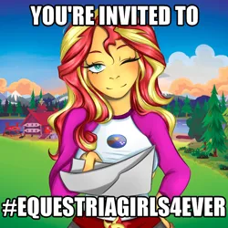 Size: 1080x1080 | Tagged: safe, artist:itsselart, derpibooru import, sunset shimmer, human, equestria girls, g4, blushing, camp everfree, camp everfree outfits, clothes, cutie mark, cutie mark on clothes, cyan eyes, female, forest, hand on hip, image, invitation, inviting you, lake, letter, looking at you, my little pony equestria girls: legend of everfree, nature, one eye closed, png, smiling, smiling at you, solo, tree, two toned hair, water, wink, winking at you
