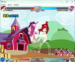 Size: 642x532 | Tagged: safe, derpibooru import, applejack, cheerilee, rarity, earth pony, unicorn, fighting is magic, g4, fighting is magic: elite, horn, image, old build, palette swap, png, recolor, sweet apple acres, text
