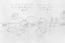 Size: 1800x1200 | Tagged: suggestive, artist:datspaniard, derpibooru import, oc, oc:sweet dreams, oc:thunderled, unofficial characters only, earth pony, unicorn, beach ball, horn, image, jpeg, monochrome, swimming pool, traditional art