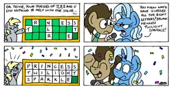 Size: 2276x1182 | Tagged: safe, artist:bobthedalek, derpibooru import, derpy hooves, doctor whooves, trixie, earth pony, pegasus, pony, unicorn, g4, comic, confetti, eye twitch, female, frown, game show, happy, horn, image, male, mare, microphone, newbie artist training grounds, open mouth, open smile, png, smiling, stallion, the wheel of fortune, trixie is not amused, twitching, unamused
