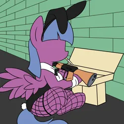 Size: 2000x2000 | Tagged: safe, artist:hotwater, derpibooru import, oc, unofficial characters only, pegasus, pony, ak-47, assault rifle, bunny suit, clothes, default derpibooru mares, faceless female, female, fishnet clothing, fishnets, gun, image, legwear, offscreen character, pegasus oc, png, rifle, solo, stockings, thigh highs, wall, weapon