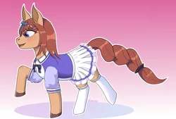 Size: 7258x4909 | Tagged: safe, artist:dglorian, derpibooru import, ponified, earth pony, pony, g4, anime, blush lines, blushing, bow, braid, braided tail, brown hair, brown hooves, clothes, eye clipping through hair, eyebrows, eyebrows visible through hair, female, gradient background, hair bow, image, legwear, long tail, mare, my little pony, open mouth, outline, png, purple eyes, raised hoof, raised leg, recursive ponification, red hair, skirt, smiling, socks, solo, super creek, tail, tan coat, thigh highs, tied mane, tracen academy school uniform, trotting, uma musume pretty derby, white outline, white shirt, white skirt, white socks