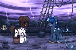 Size: 600x400 | Tagged: safe, artist:azimooth, derpibooru import, oc, oc:high tide, oc:ironhooves, unofficial characters only, earth pony, original species, shark, shark pony, unicorn, anchor, animated, bouncing, clothes, cloud, cloudy, dark blue coat, duo, earth pony oc, eyepatch, gif, horn, image, lightning, male, naval uniform, purple sky, scar, shirt, storm, unicorn oc