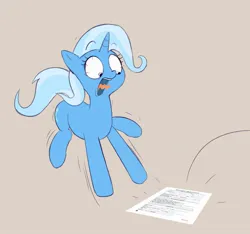 Size: 1200x1122 | Tagged: safe, artist:caraloh, derpibooru import, trixie, earth pony, pony, unicorn, g4, female, gray background, horn, image, job application, jpeg, mare, open mouth, pinpoint eyes, screaming, simple background, solo, tongue out