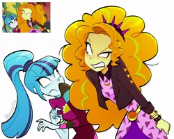 Size: 1080x864 | Tagged: safe, artist:binscurtis, derpibooru import, adagio dazzle, sonata dusk, human, equestria girls, g4, angry, digital art, disguise, disguised siren, duo, duo female, female, frightened, image, jpeg, scene interpretation, signature, simple background, white background
