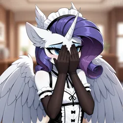 Size: 4704x4704 | Tagged: safe, ai content, ai generated, derpibooru import, generator:yiffymix v64, prompter:thedaren666, stable diffusion, rarity, alicorn, anthro, g4, ai composition, alicornified, breasts, clothes, collar, covering face, detached collar, dress, ear fluff, eyebrows, eyeshadow, female, floppy ears, fluffy, gloves, hand on face, hands on cheeks, head wings, horn, image, indoors, jpeg, long gloves, looking forward, maid, maid headdress, makeup, partially open wings, race swap, sleeveless, solo, wing ears, wings