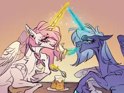Size: 2732x2048 | Tagged: safe, alternate version, artist:jugenxiannu196, derpibooru import, princess celestia, princess luna, alicorn, pony, g4, banana, bust, duo, duo female, eating, facing each other, female, food, glow, glowing horn, horn, image, lidded eyes, looking at each other, looking at someone, magic, mare, missing accessory, open mouth, open smile, pink-mane celestia, png, pudding, realistic anatomy, realistic horse legs, royal sisters, s1 luna, siblings, side view, sisters, smiling, spoon, table, telekinesis, textless, textless version