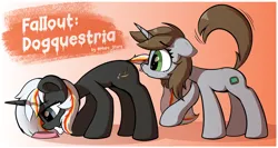 Size: 3300x1750 | Tagged: safe, artist:marestare, derpibooru import, oc, oc:littlepip, oc:velvet remedy, unofficial characters only, pony, unicorn, fallout equestria, g4, :o, abstract background, behaving like a dog, bone, colored, duo, ear fluff, ears up, eyebrows, eyebrows visible through hair, female, female oc, flat colors, floppy ears, full body, horn, image, leaning, lesbian, mare, mare oc, mouth hold, oc x oc, open mouth, passepartout, plate, png, raised tail, shading, ship:velvetpip, shipping, side view, signature, sniffing, standing, tail, text, wingding eyes