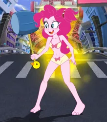 Size: 3500x4000 | Tagged: safe, artist:iloveladies2, artist:riiefu, derpibooru import, pinkie pie, equestria girls, g4, bare arms, bare legs, bare midriff, barefoot, bow on panties, bra, clothes, embarrassed, embarrassed body exposure, embarrassed grin, embarrassed underwear exposure, feet, image, jpeg, mallet, nuga-cel, nuga-cel!, panties, stripped, underwear
