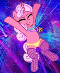Size: 1594x1920 | Tagged: safe, artist:edgelordhedgelord, derpibooru import, oc, oc:snuggle bear, unofficial characters only, unicorn, g4, clothes, curly hair, dancing, eyes closed, face glitter, fishnet clothing, fishnets, freckles, glitter, glo-sticks, horn, image, jumping, legwear, open mouth, png, rave, shorts, show accurate, stockings, thigh highs, unicorn oc