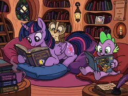 Size: 1280x960 | Tagged: safe, artist:tere35, derpibooru import, owlowiscious, spike, twilight sparkle, twilight sparkle (alicorn), alicorn, bird, dragon, owl, pony, g4, book, candle, female, golden oak library, image, inkwell, jpeg, ladder, library, male, moon, picture frame, quill, reading, trio, window