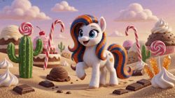 Size: 1280x720 | Tagged: safe, ai generated, generator:google omni, prompter:iwtcipp, oc, oc:pipette, unofficial characters only, earth pony, pony, animated, cactus, cake, candy, candy cane, caramel (food), cherry, chocolate, chocolate chip cookie, cloud, cookie, cream, crystal, cupcake, day, desert, earth pony oc, female, food, ice cream, image, lollipop, looking up, mare, open mouth, open smile, outdoors, photorealistic, raised hoof, realistic, rear view, sand, sky, smiling, solo, sound, standing, standing on three hooves, video, walking, webm, whipped cream