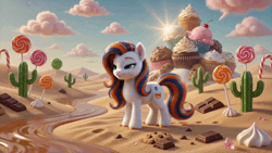 Size: 1280x720 | Tagged: safe, ai generated, generator:google omni, prompter:iwtcipp, oc, oc:pipette, unofficial characters only, earth pony, pony, animated, cactus, candy, candy cane, caramel (food), cherry, chocolate, chocolate chip cookie, cloud, cookie, cream, crystal, cupcake, day, desert, earth pony oc, female, food, ice cream, image, lollipop, looking at something, mare, open mouth, open smile, outdoors, photorealistic, realistic, rear view, sand, sky, smiling, solo, sound, standing, sun, video, walking, webm, whipped cream