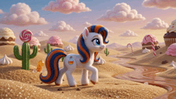 Size: 1280x720 | Tagged: safe, ai generated, generator:google omni, prompter:iwtcipp, oc, oc:pipette, unofficial characters only, earth pony, pony, animated, cactus, cake, candy, candy cane, caramel (food), cherry, chocolate, chocolate chip cookie, cloud, cookie, cream, crystal, cupcake, day, desert, earth pony oc, female, food, ice cream, image, lollipop, mare, open mouth, open smile, outdoors, photorealistic, realistic, rear view, sand, sky, smiling, solo, sound, standing, strawberry, video, walking, webm, whipped cream