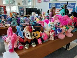 Size: 4080x3060 | Tagged: safe, derpibooru import, autumn blaze, coco pommel, daring do, derpy hooves, diamond mint, fluttershy, maud pie, octavia melody, pinkie pie, princess celestia, princess luna, queen chrysalis, rainbow dash, rarity, spike, starlight glimmer, sunset shimmer, twilight sparkle, vinyl scratch, oc, oc:fair flyer, oc:matinée, oc:morning mimosa, oc:soirée, alicorn, dragon, earth pony, human, kirin, pegasus, pony, unicorn, mare fair, g4, 4chan cup, 4chan cup scarf, censored, censored face, chair, clothes, floor, hat, high res, horn, image, indoors, irl, irl human, jpeg, kucykon, kucykon 2026, photo, plushie, plushiecon, poland, scarf, snowpity inc., socks, sunglasses, table, text, vending machine, warsaw, window