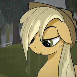 Size: 640x640 | Tagged: safe, artist:moonivy, derpibooru import, applejack, earth pony, pony, g4, animated, female, fence, gif, gray sky, hat, image, lidded eyes, mare, outdoors, rain, sky, solo, tree, wet, wet mane
