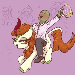 Size: 3000x3000 | Tagged: safe, artist:t72b, derpibooru import, autumn blaze, oc, oc:anon, earth pony, kirin, pony, g4, alcohol, background pony, beer, beer mug, blushing, cute, cute little fangs, drink, drunk, facepalm, fangs, female, image, kirin beer, mare, mug, one eye closed, open mouth, png, riding, riding a pony, shocked, shocked expression, simple background