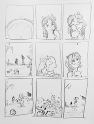 Size: 2245x2936 | Tagged: safe, artist:pony quarantine, derpibooru import, oc, oc:anon, unofficial characters only, human, pony, unicorn, series:pq funnies, ball, boop, comic, comic strip, duo, duo male and female, eyebrows, eyebrows visible through hair, female, frog (hoof), grayscale, horn, human male, human male on mare, human on pony action, image, interspecies, jpeg, male, mare, monochrome, no dialogue, outdoors, pencil drawing, running, straight, swamp, traditional art, underhoof