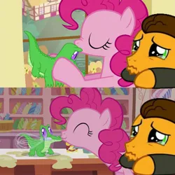 Size: 2880x2880 | Tagged: safe, derpibooru import, edit, edited screencap, editor:ebotizer, screencap, cheese sandwich, gummy, pinkie pie, alligator, earth pony, pony, g4, party pooped, the last laugh, the lost treasure of griffonstone, female, image, jpeg, kissing, male, mare, mouth hold, my little pony, pet, stallion, trio, trio male and female, wavy mouth