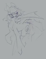 Size: 1281x1630 | Tagged: safe, artist:blue ink, ponerpics import, oc, oc:sunset cloudy, unofficial characters only, bat pony, pony, bat pony oc, bat wings, closed mouth, eye clipping through hair, eyebrows visible through hair, female, floppy ears, flying, glasses, gray background, image, jpeg, looking back, mare, monochrome, raised eyebrow, simple background, sketch, smiling, solo, spread wings, turned head, wings