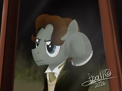 Size: 1920x1440 | Tagged: safe, artist:tidmouthmilk12, derpibooru import, doctor whooves, earth pony, pony, g4, clothes, doctor who, doctor who the movie, eighth doctor, hoof on glass, image, jacket, looking through window, necktie, night, paul mcgann, png, scene interpretation, serious, signature, solo, underhoof, waistcoat, window