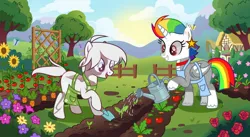 Size: 1280x700 | Tagged: safe, artist:rainbow_masha, derpibooru import, butterfly, insect, pony, unicorn, carrot, duo, flower, food, garden, horn, house, image, jpeg, summer, sun, sunflower, tomato, tree, trowel, watering can