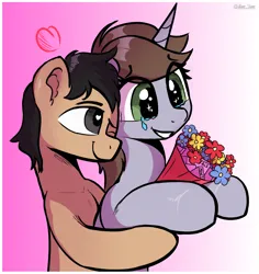 Size: 1700x1800 | Tagged: safe, artist:marestare, derpibooru import, oc, oc:littlepip, oc:mulehead, unofficial characters only, earth pony, pony, unicorn, fallout equestria, g4, bouquet, crying, duo, duo male and female, emanata, female, floating heart, flower, gradient background, gritted teeth, heart, horn, hug, hug from behind, image, looking at someone, male, mare, mint-als, nuzzling, one eye closed, passepartout, png, signature, smiling, stallion, tears of joy, teeth, wingding eyes