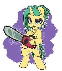 Size: 1632x1872 | Tagged: safe, artist:lou, derpibooru import, oc, oc:peach fuzz, unofficial characters only, pony, unicorn, bipedal, chainsaw, eyeshadow, female, horn, image, makeup, mare, mare oc, png, unicorn oc