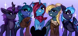 Size: 2150x1000 | Tagged: safe, artist:anotherdeadrat, derpibooru import, oc, oc:altus bastion, oc:arclight, oc:lavender blaze, oc:skywin, unofficial characters only, bat pony, kirin, pegasus, pony, unicorn, bat pony oc, blushing, bomber jacket, bow, clothes, female, fishnet clothing, fishnets, hoodie, horn, image, jacket, jpeg, kirin oc, legwear, looking at you, looking down, looking down at you, mare, pegasus oc, raised hoof, scarf, silhouette, simple background, smug, socks, stockings, striped scarf, thigh highs, underbelly, unicorn oc, unknown pony