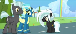 Size: 750x339 | Tagged: safe, artist:shadeshadowartist, derpibooru import, misty fly, thunderlane, oc, oc:tornado bolt, pegasus, pony, g4, colt, female, foal, image, jpeg, male, mare, parent:misty fly, parent:thunderlane, shipping, stallion, straight