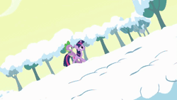 Size: 960x540 | Tagged: safe, derpibooru import, screencap, spike, twilight sparkle, dragon, pony, unicorn, g4, season 1, winter wrap up, animated, female, gif, horn, image, male, mare, my little pony, riding, singing, snow, spike riding twilight, tree, unicorn twilight, winter wrap up song, yellow sky
