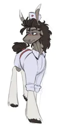 Size: 332x696 | Tagged: safe, artist:pelontrix, derpibooru import, doctor whooves, earth pony, pony, g4, annoyed, clothes, frown, hat, image, lidded eyes, looking away, male, no pupils, nurse costume, nurse hat, nurse outfit, png, question-another-doctor, redesign, simple background, solo, stallion, sternocleidomastoid, unshorn fetlocks