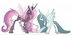 Size: 2048x1007 | Tagged: safe, artist:lilytheflowerl, derpibooru import, princess cadance, queen chrysalis, ponified, alicorn, changeling, changeling queen, pony, g4, changelingified, duo, duo female, female, height difference, image, jpeg, looking at each other, looking at someone, mare, pony chrysalis, princess cadalis, princess chrysalis, role reversal, simple background, species swap, spread wings, white background, wings