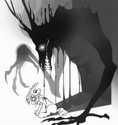 Size: 3600x3818 | Tagged: semi-grimdark, artist:opalacorn, derpibooru import, oc, unofficial characters only, deer, deer pony, demon, hybrid, original species, pony, antlers, black and white, blank eyes, crying, duo, glow, glowing eyes, grayscale, image, jpeg, monochrome, simple background, white background